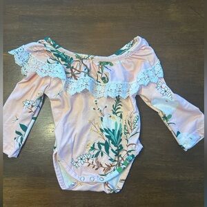 Marie Nicole Clothing “Peach Dandelion Ruffle Bubble Romper”